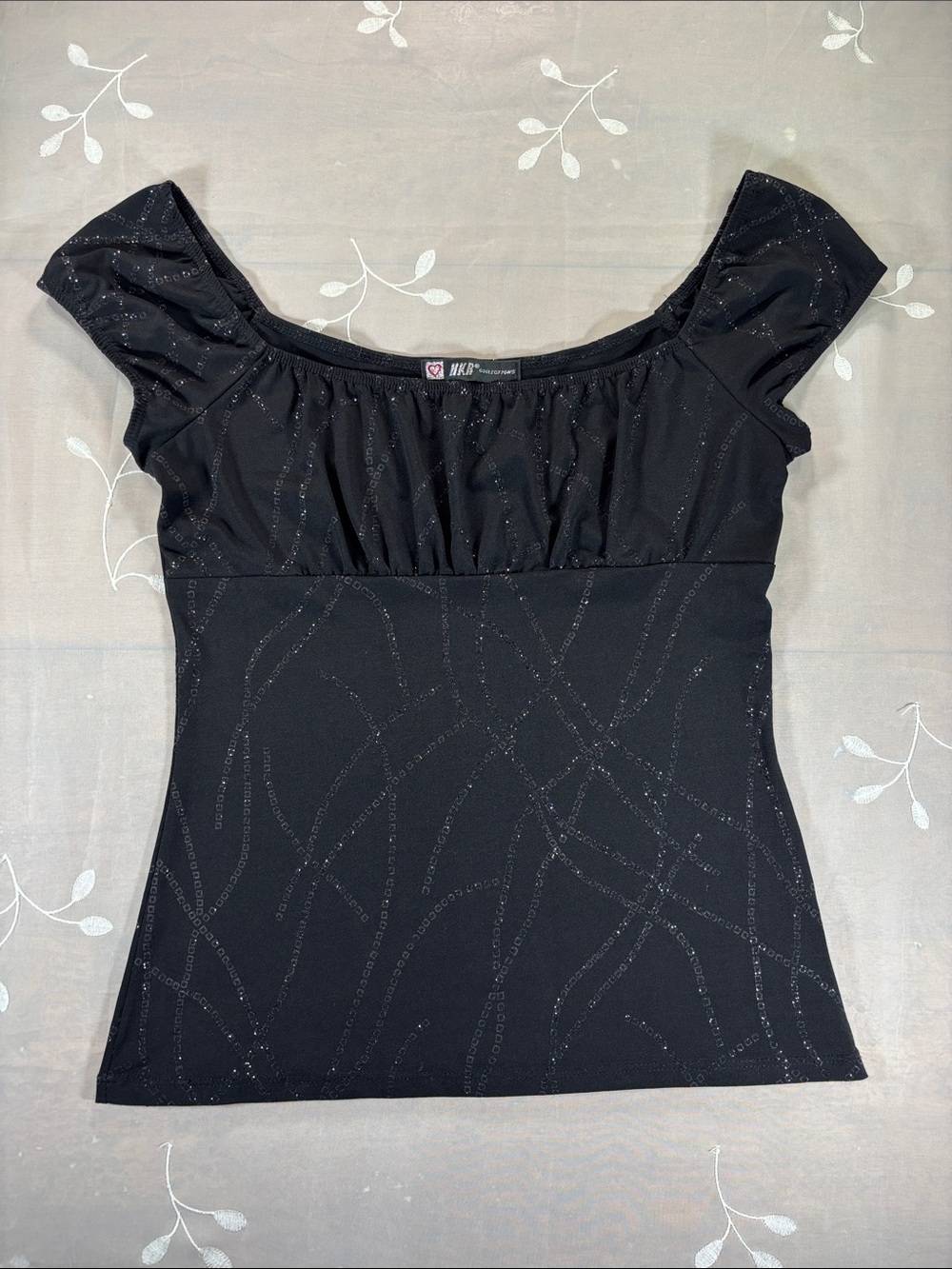 Y2K HKR Black Shimmer Scoop Neck Short Sleeve Babydoll Large Woman Top